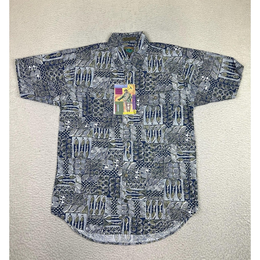 Royal Robbins Vintage Mens Medium Blue Paddles Print SS Button Up Shirt 90s NWT